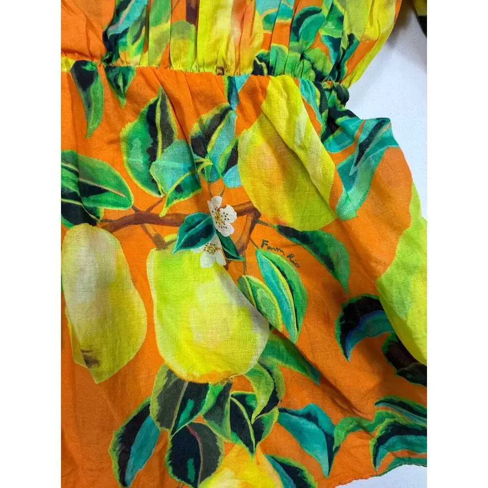 Anthropologie Farm Rio Orange Pears Short puff Sleeve Blouse square neck Sz XS